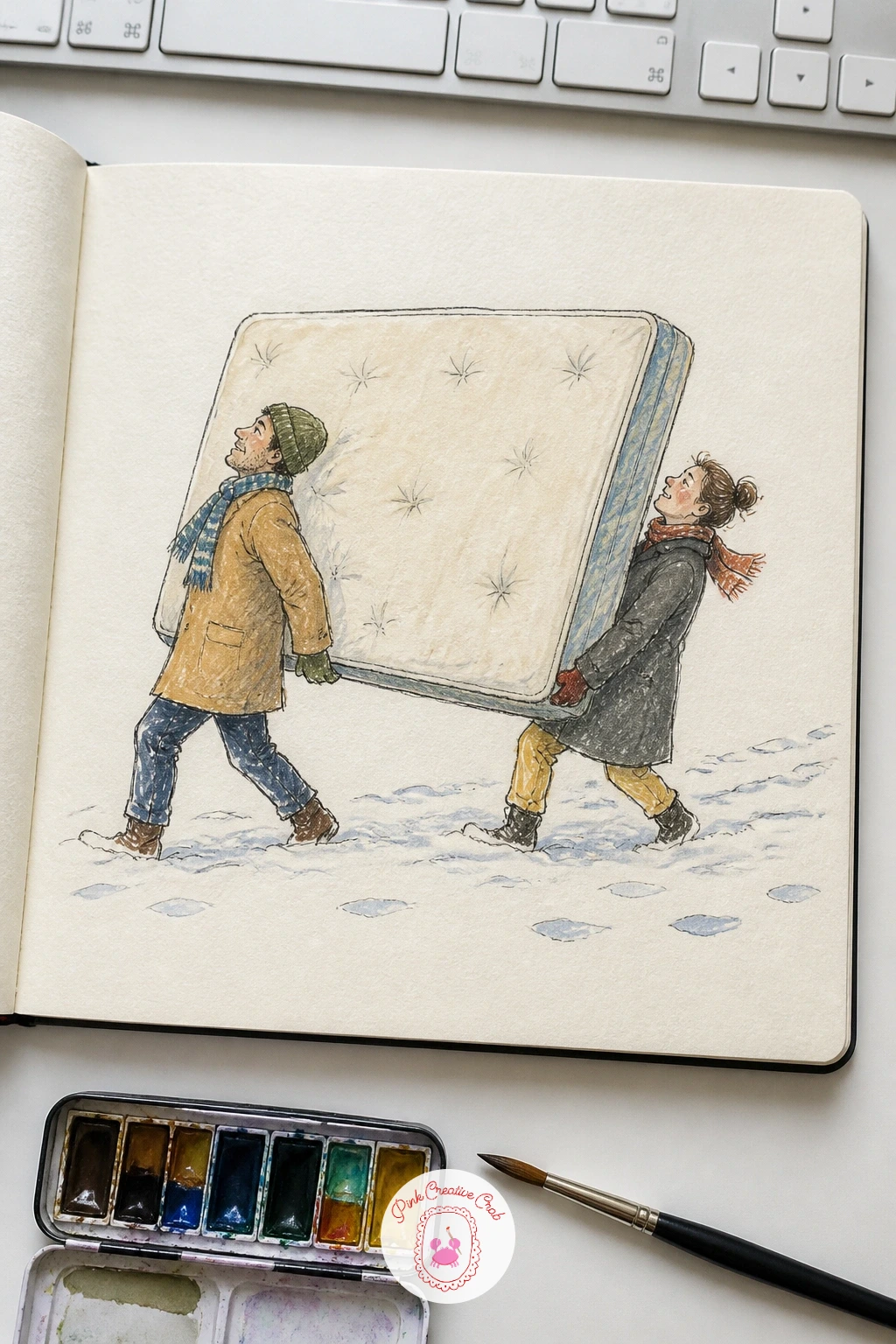 Couple Carrying a Mattress Through Snow — Draw the mattress first as one long simple rectangle tilted at an angle between the two carriers, since that tilt and