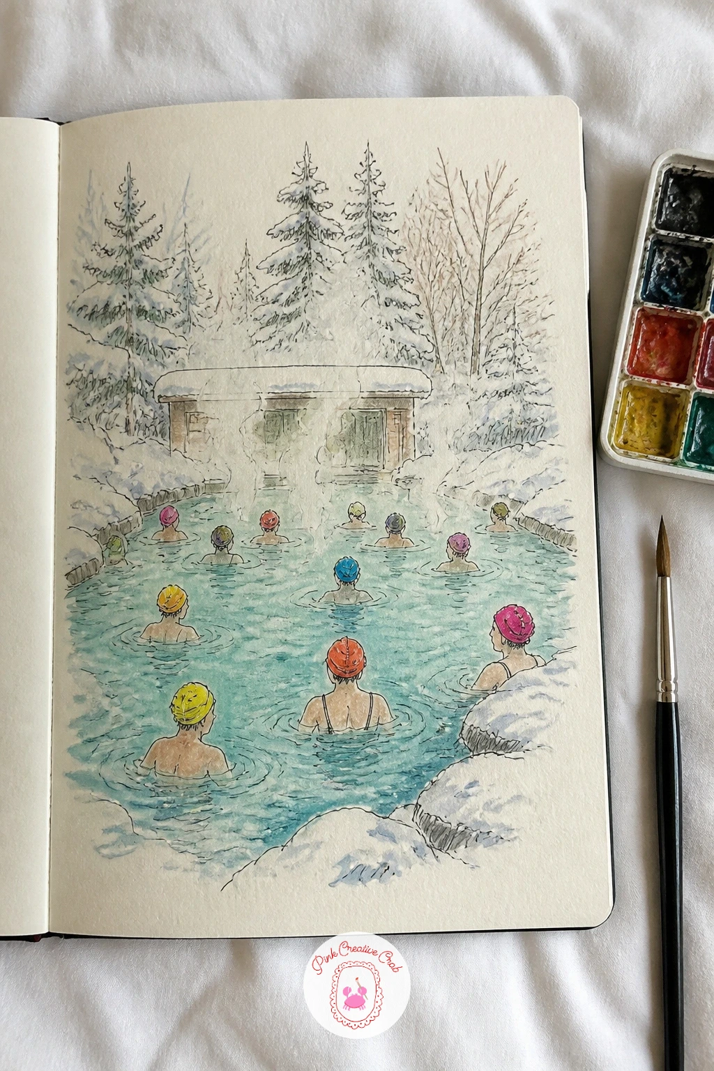 Steaming Outdoor Pool With Bright Caps — Contrast is the whole idea here, so set up the page with cold surroundings, snow on the pool deck, bare trees, pale