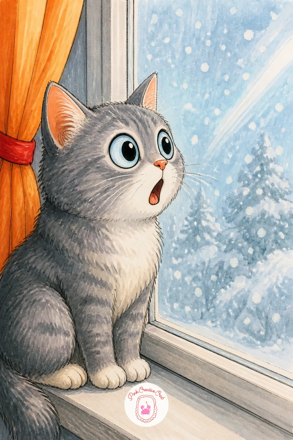 Cat Shocked by First Snowfall — Move to the window scene next, a cat staring in shock at its first snowfall. Silly cat drawing