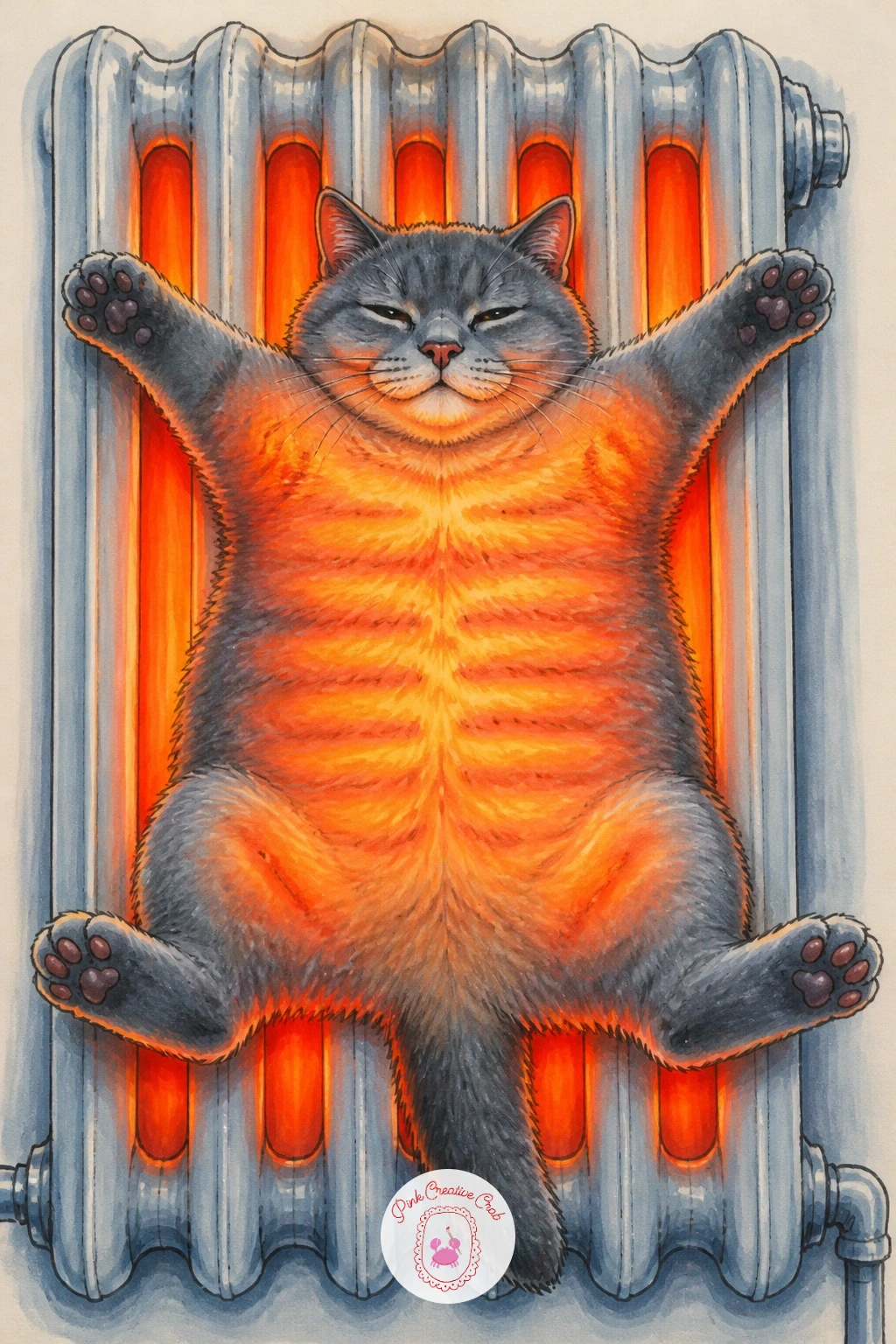 Cat Flat Against Radiator — Keep the warmth theme going with a cat pressed flat against a radiator like a pancake. Silly cat drawing