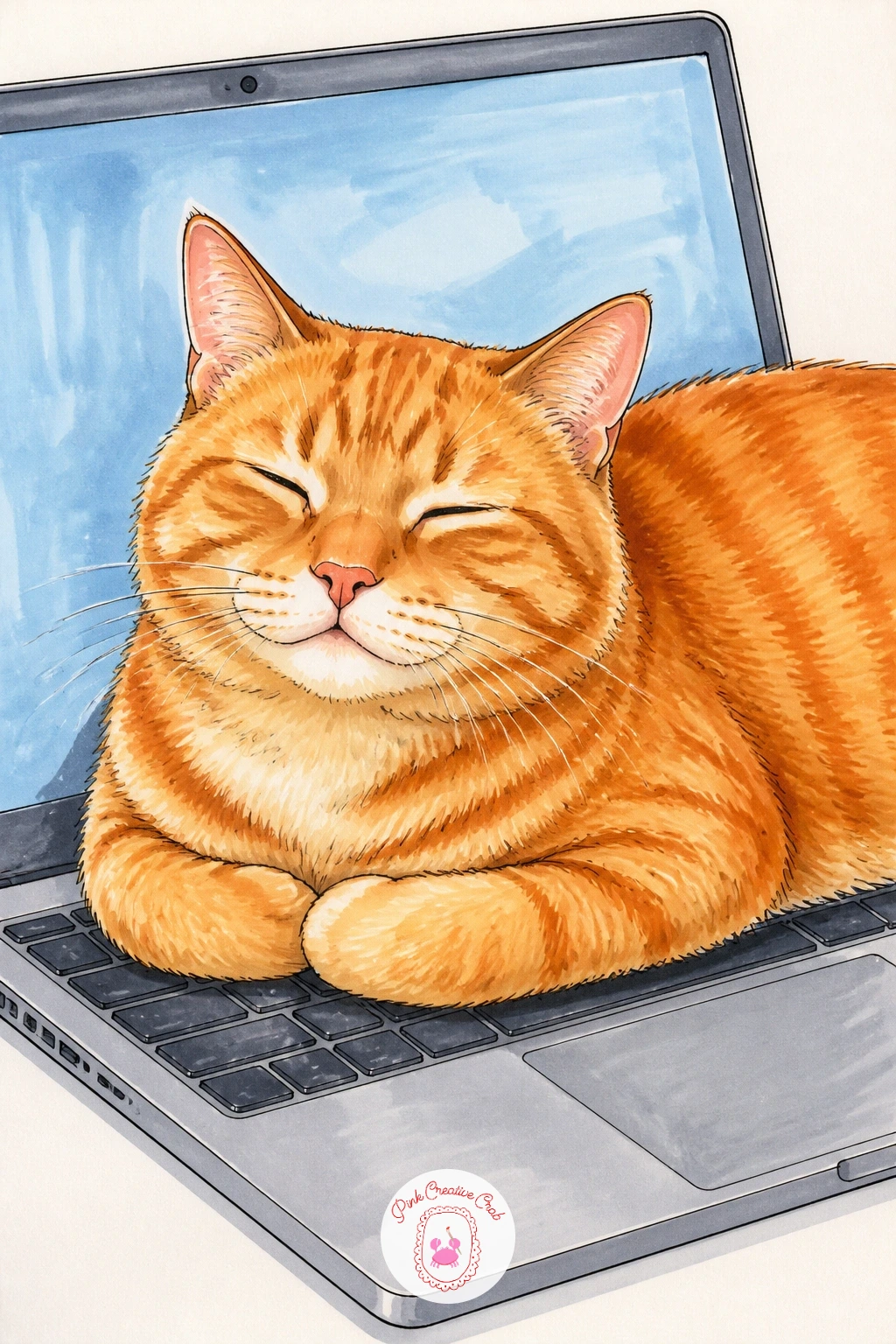 Cat on Warm Laptop Keyboard — Switch indoors for a cat sitting on a laptop keyboard simply because it is warm. Silly cat drawing
