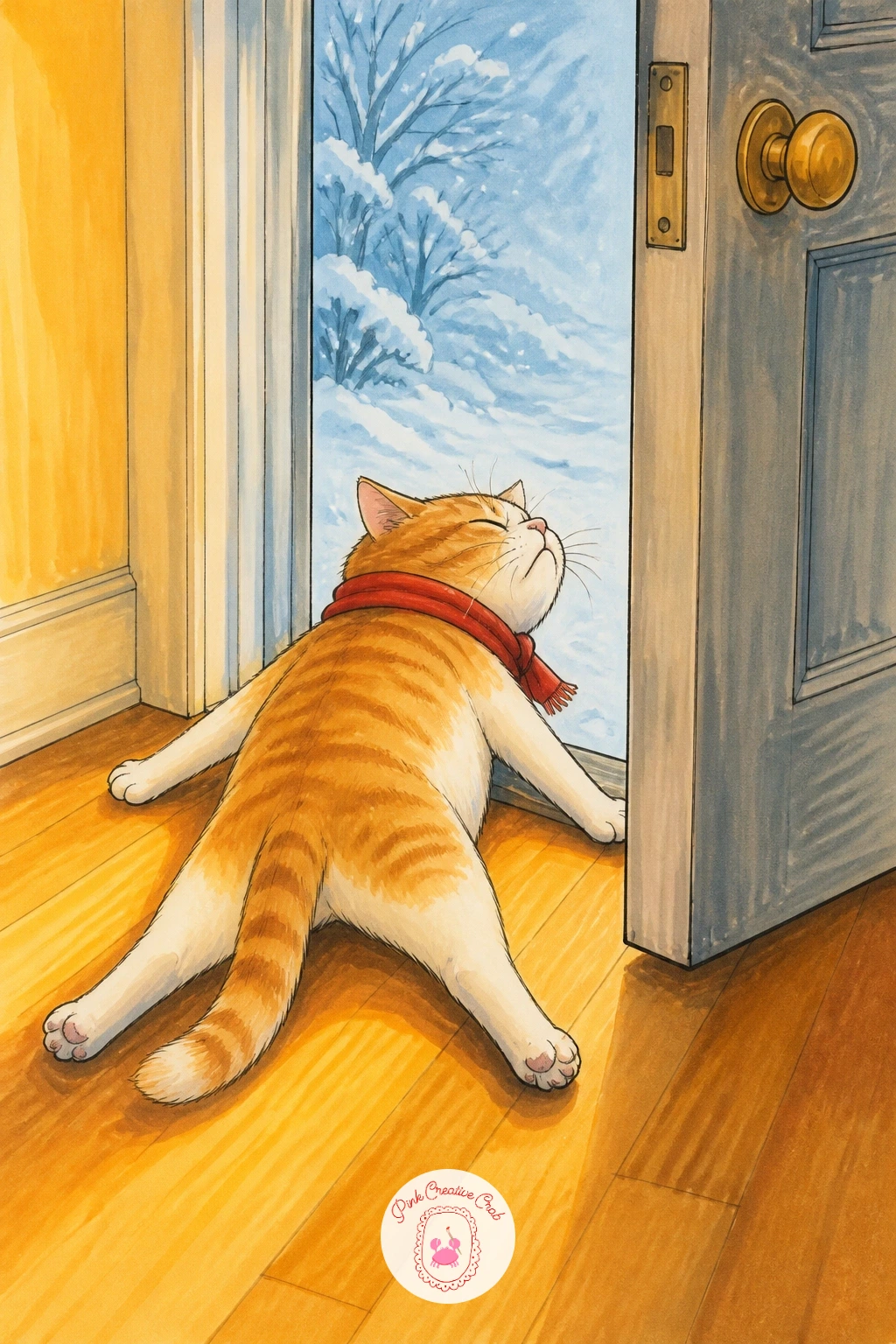 Cat Refusing the Snowy Door — Bring the drama outside with a cat planting all four paws to refuse the snowy back door. Silly cat drawing