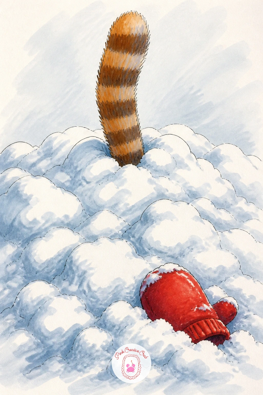 Cat Buried in Snowdrift — Give the back door cat a consequence: a cat buried in a snowdrift with only its tail sticking up. Silly cat drawing