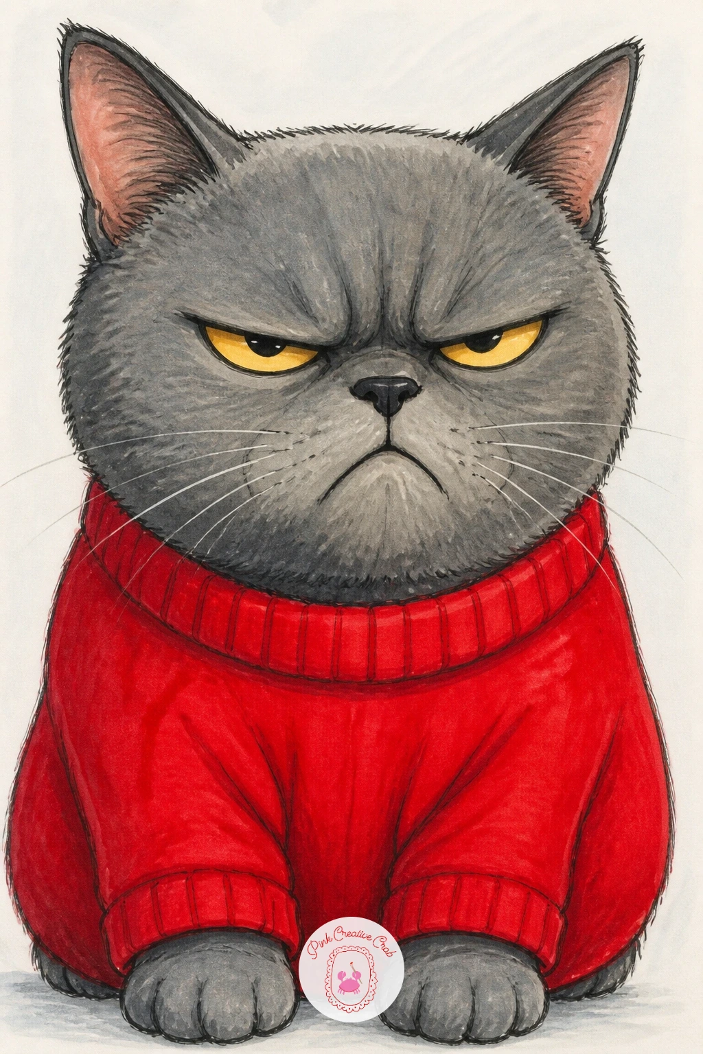Cat in Offended Sweater — Dress the next cat for the occasion: a cat wearing a knitted sweater with a deeply offended face. Silly cat drawing
