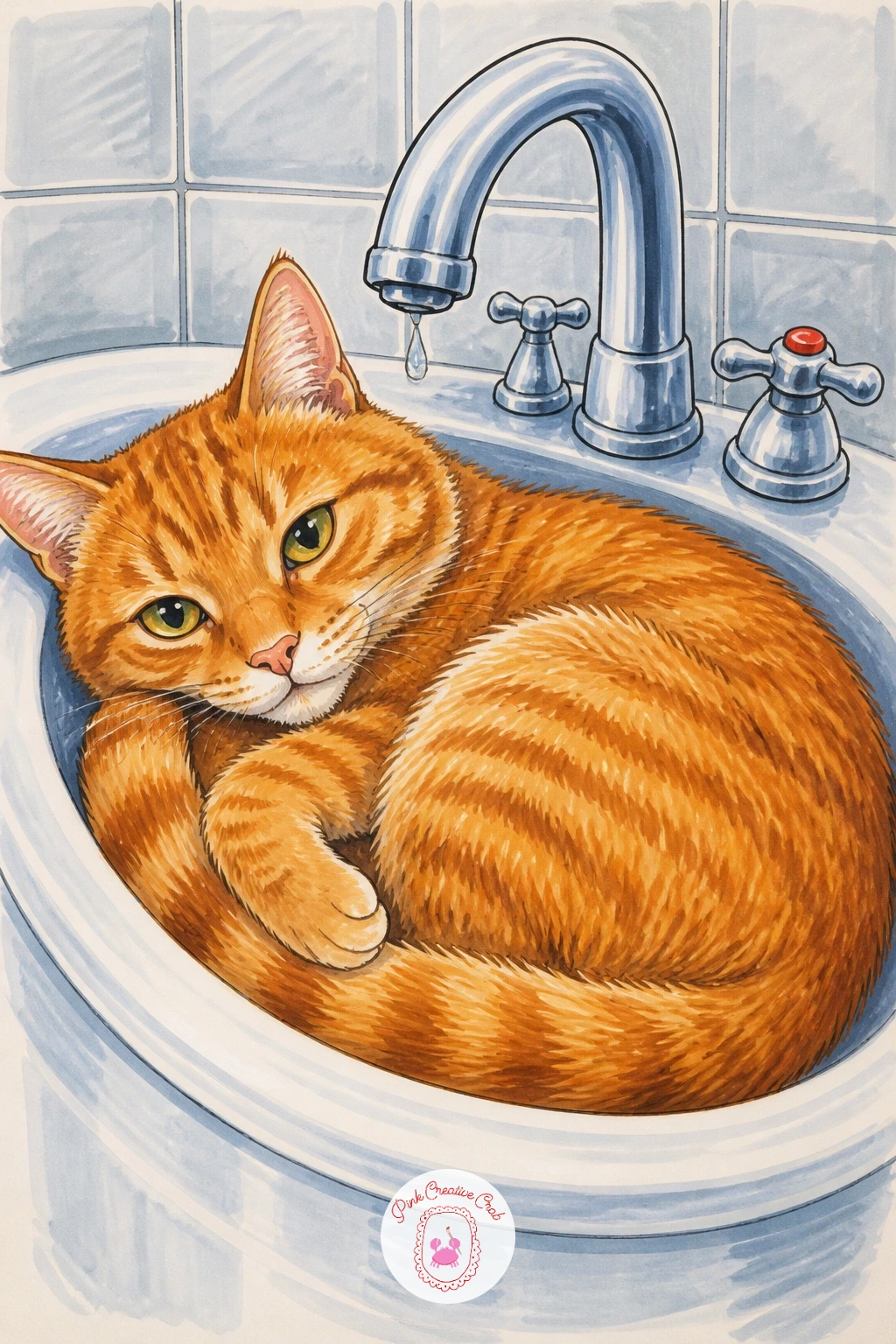 Cat in the Warm Bathroom Sink — Follow the warmth-seeking theme into the bathroom with a cat sitting in the sink because the pipes run warm. Silly cat drawing
