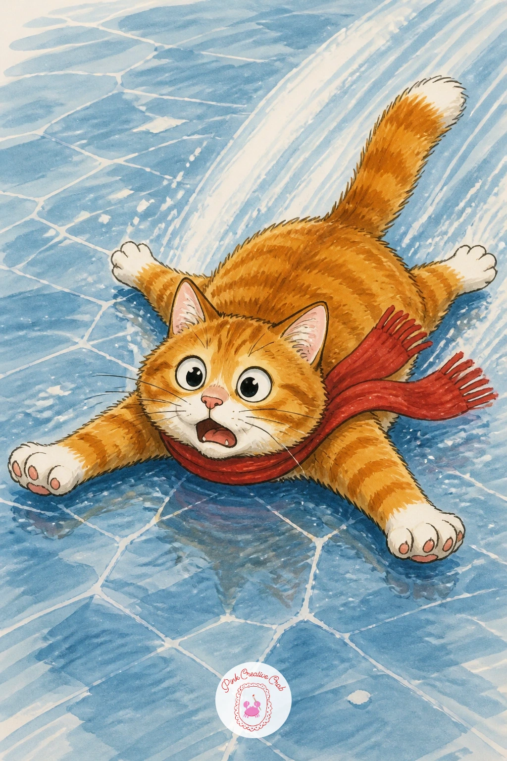 Cat Sliding on Frozen Puddle — Take the action outside again with a cat sliding across a frozen puddle, legs splayed in every direction. Silly cat drawing