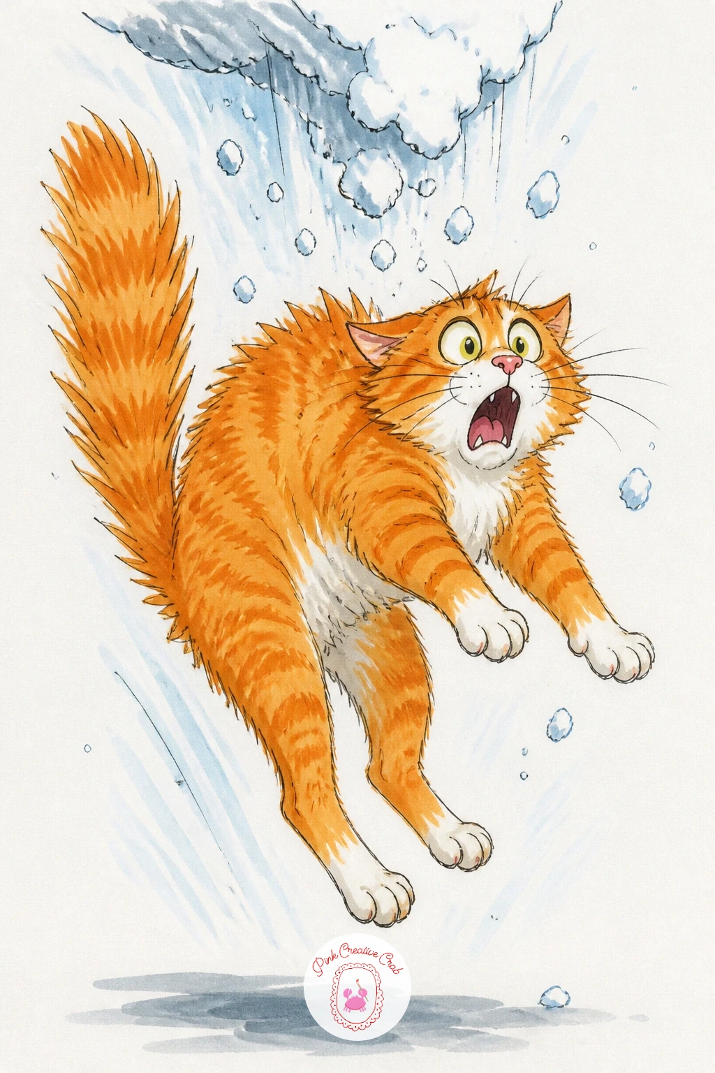 Cat Startled by Roof Snow — Keep the energy high with a cat jumping straight up as a clump of snow falls off the roof. Silly cat drawing