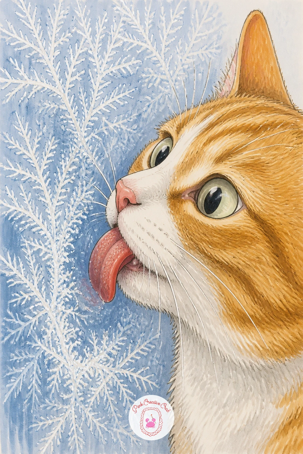 Cat Licking Frosty Window — Return to the window for a quieter, puzzled moment: a cat licking a frosty window and not quite understanding the result. Silly cat