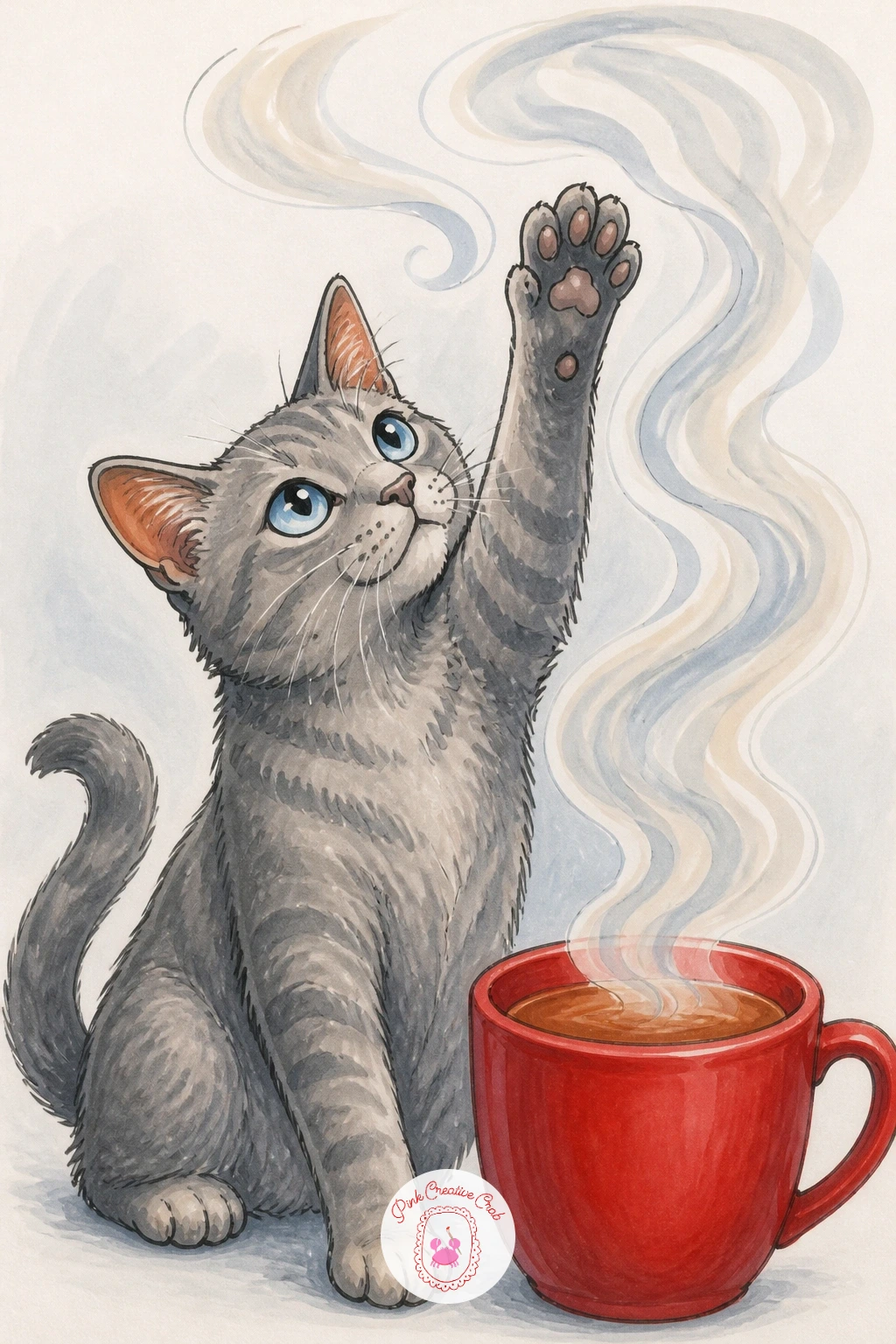 Cat Chasing Tea Steam — Move to the kitchen table for a cat trying to catch the steam rising from a mug of tea. Silly cat drawing