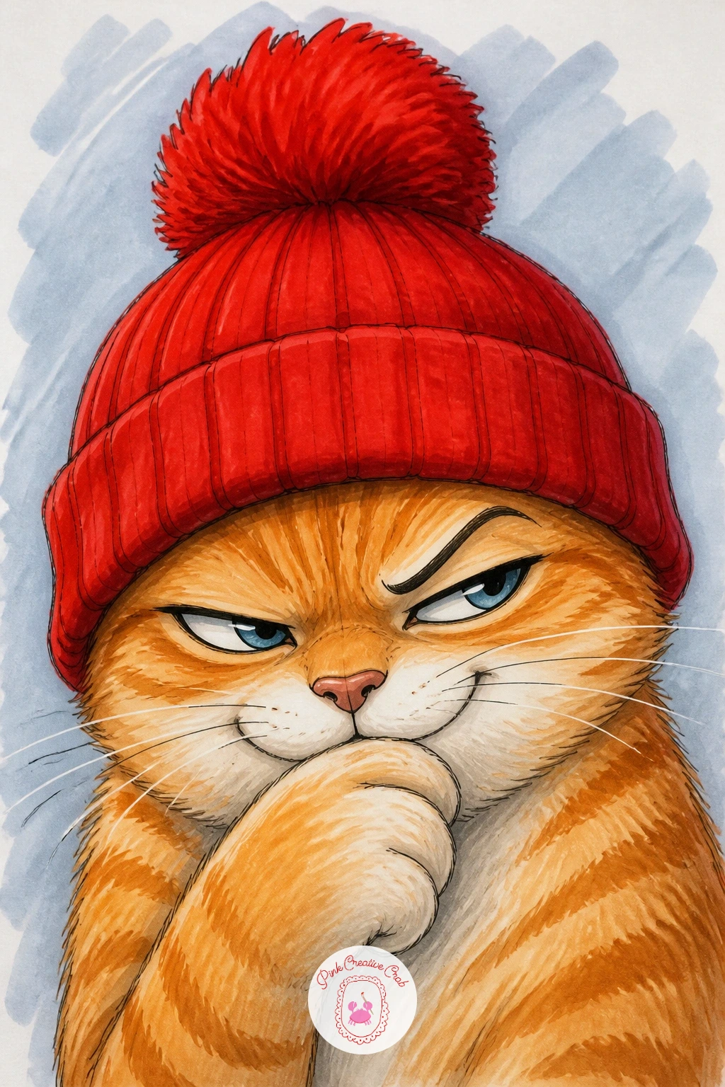 Cat Plotting in Pom-Pom Hat — For something with a bit more personality, try a cat in a pom-pom hat plotting its revenge. Silly cat drawing