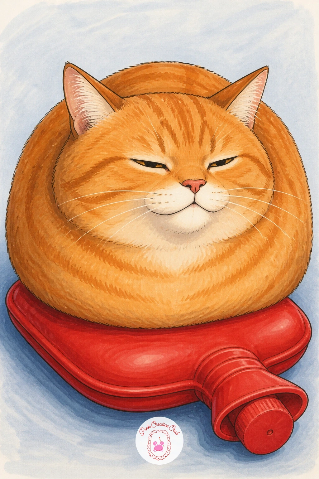 Cat Loafing on Hot Water Bottle — Bring the warmth-seeking cats back with one loafing on a hot water bottle, eyes half shut in total smugness. Silly cat drawing
