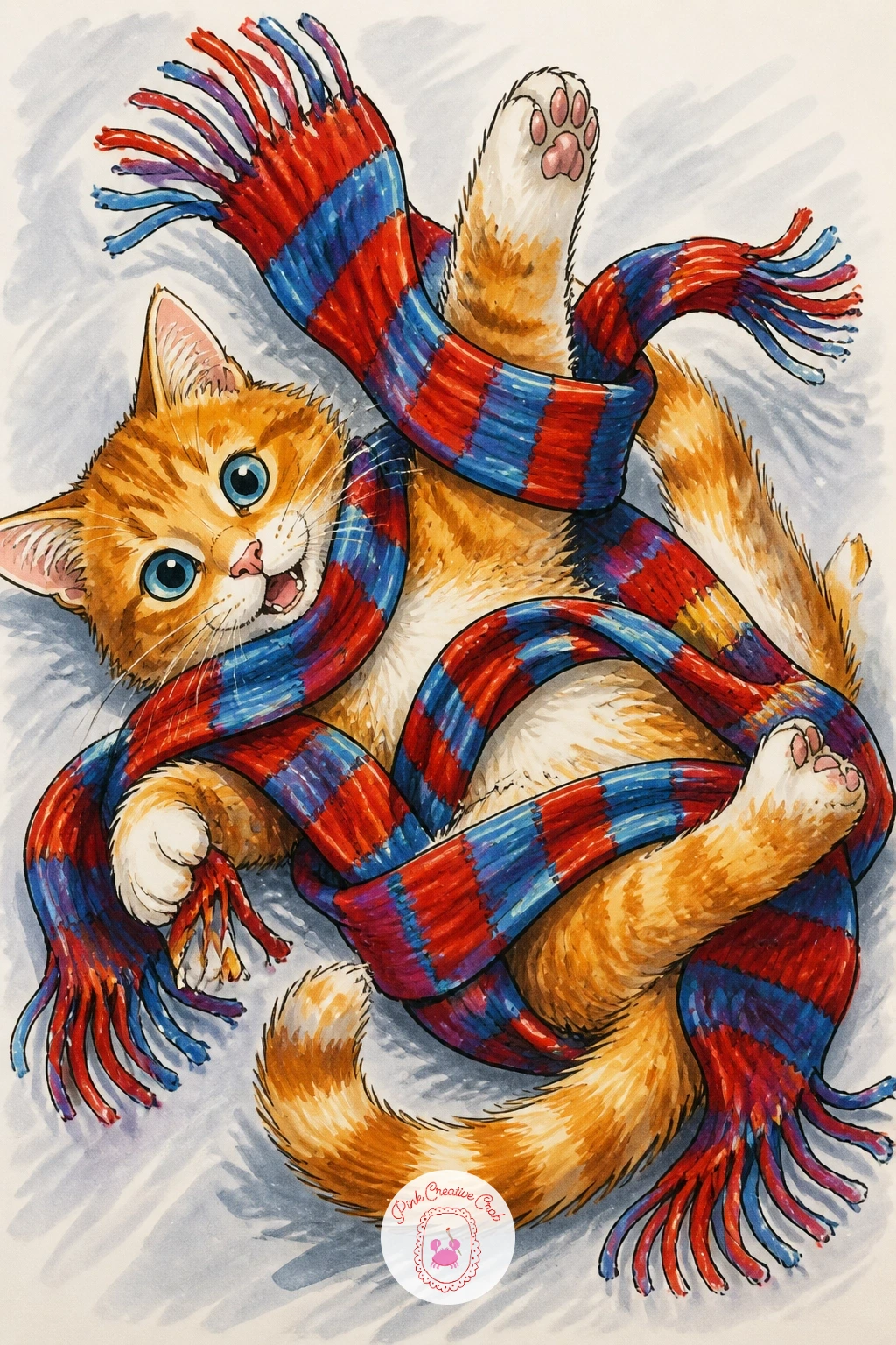 Cat Tangled in a Scarf — Add some chaos with a cat tangled in a long scarf, rolling on the floor to escape it. Silly cat drawing