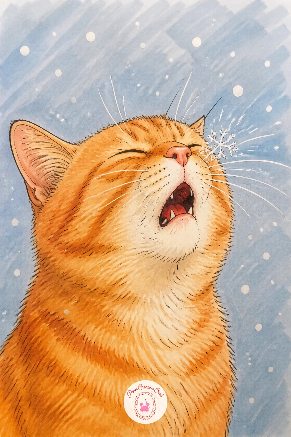 Cat Sneezing at a Snowflake — Pair the cross-eyed snowflake idea from earlier with its noisier cousin: a cat sneezing at a snowflake that just landed on it.