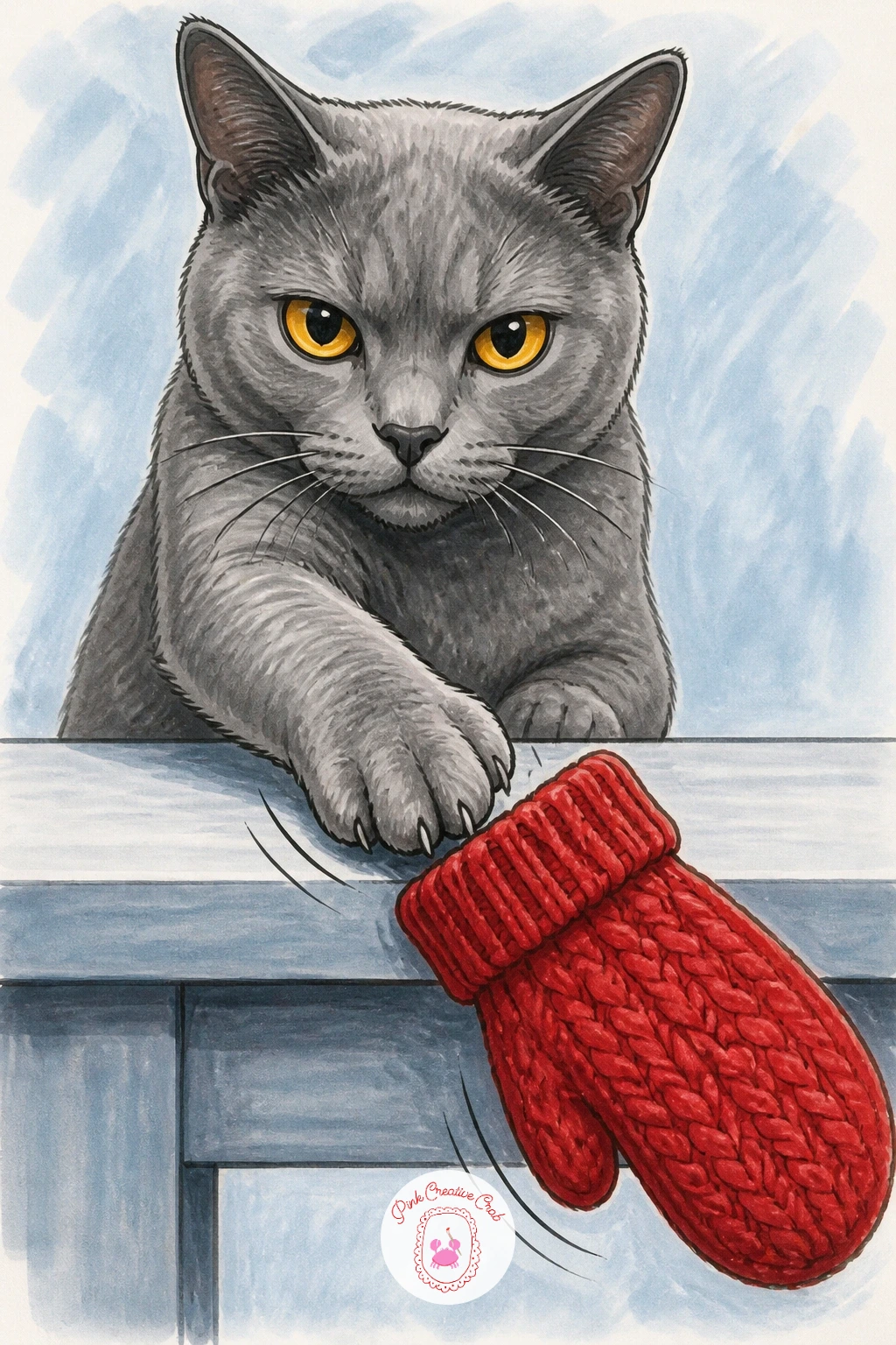 Cat Shoving a Mitten Off the Table — For pure cat mischief, draw a cat shoving a mitten off the table while staring directly at the viewer. Silly cat drawing