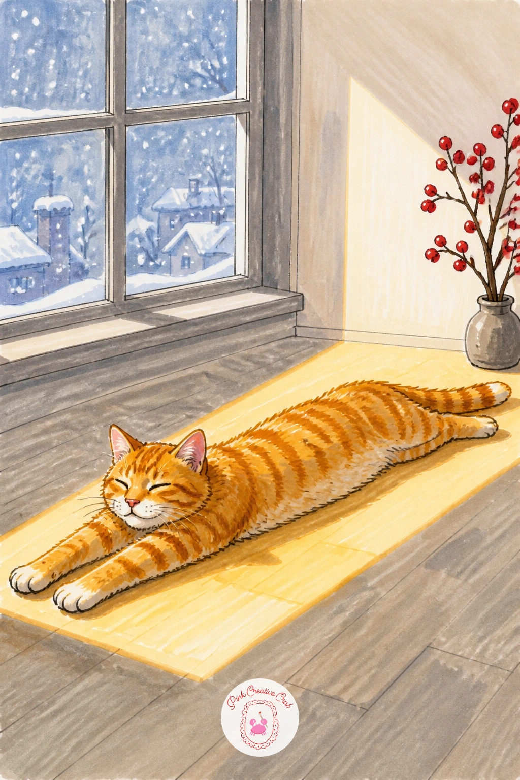 Cat in the One Sunbeam While It Snows — Slow things down with a quieter contrast: a cat lying in the one sunbeam on the floor while snow falls outside the