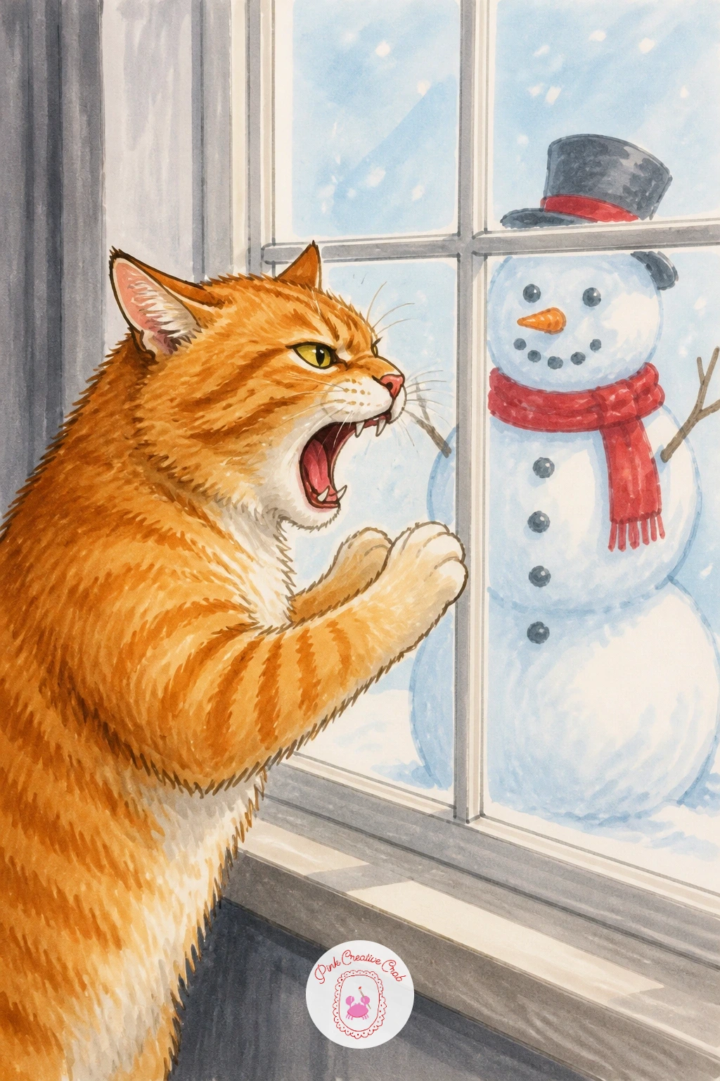 Cat Yelling at a Snowman — Bring back some drama with a cat yelling at a snowman through the window. Silly cat drawing