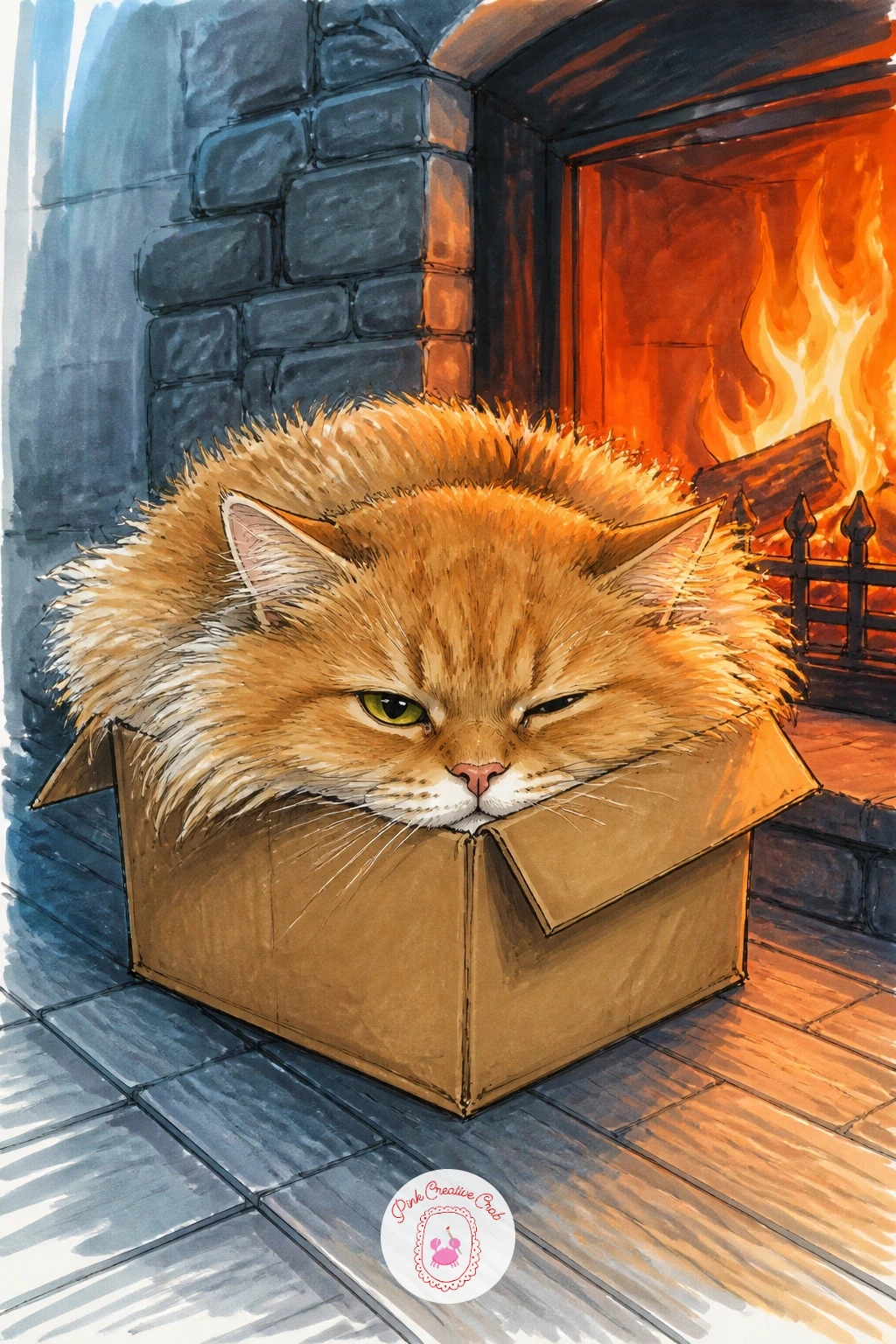 Cat Squeezed in Box by Fireplace — Keep the cozy chaos going with a cat squeezed into a tiny box set beside the fireplace, clearly too small for the job but