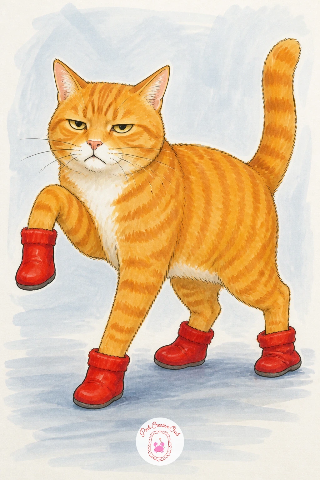 Cat Walking Stiff in Dog Booties — For a pose with real comic motion, draw a cat walking stiff-legged in tiny dog booties clearly not made for a cat. Silly cat
