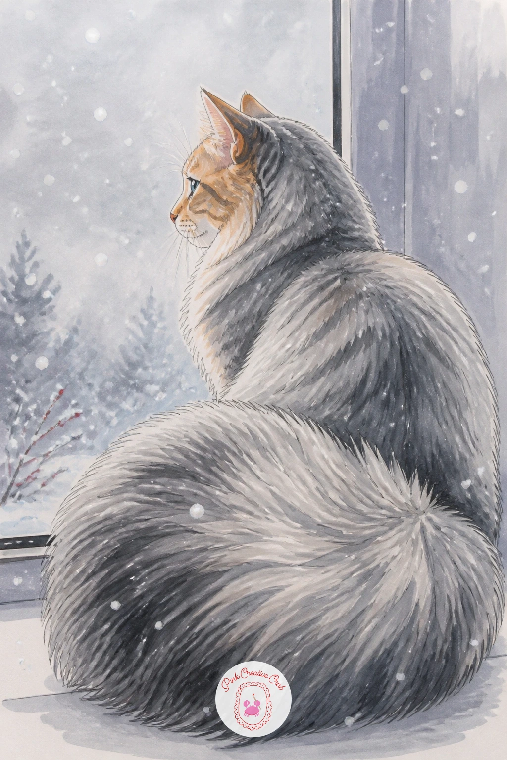 Cat Watching Snow With Puffed Tail — Return to the window one more time for a cat watching snow fall with its tail puffed to twice its normal size. Silly cat