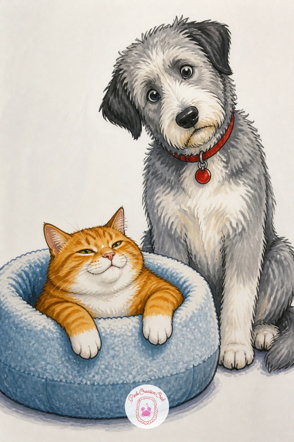 Cat Crammed in the Dog's Bed — For a scene with two characters, draw a cat crammed into the dog's fleece bed while the actual dog sits outside it, patiently