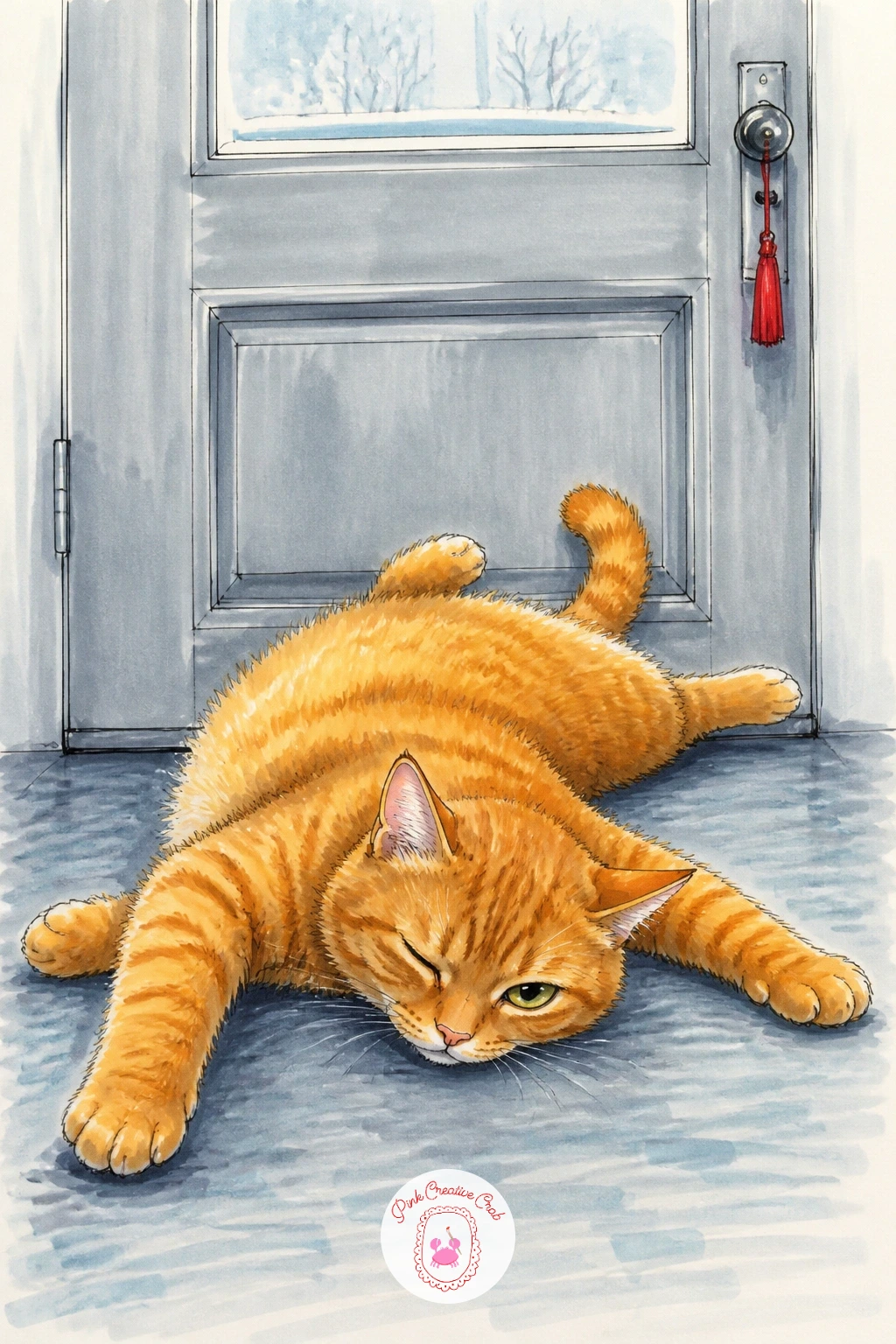 Cat Flopping by Cold Back Door — For pure melodrama, draw a cat dramatically flopping on the floor directly in front of the cold back door, as if the mere idea