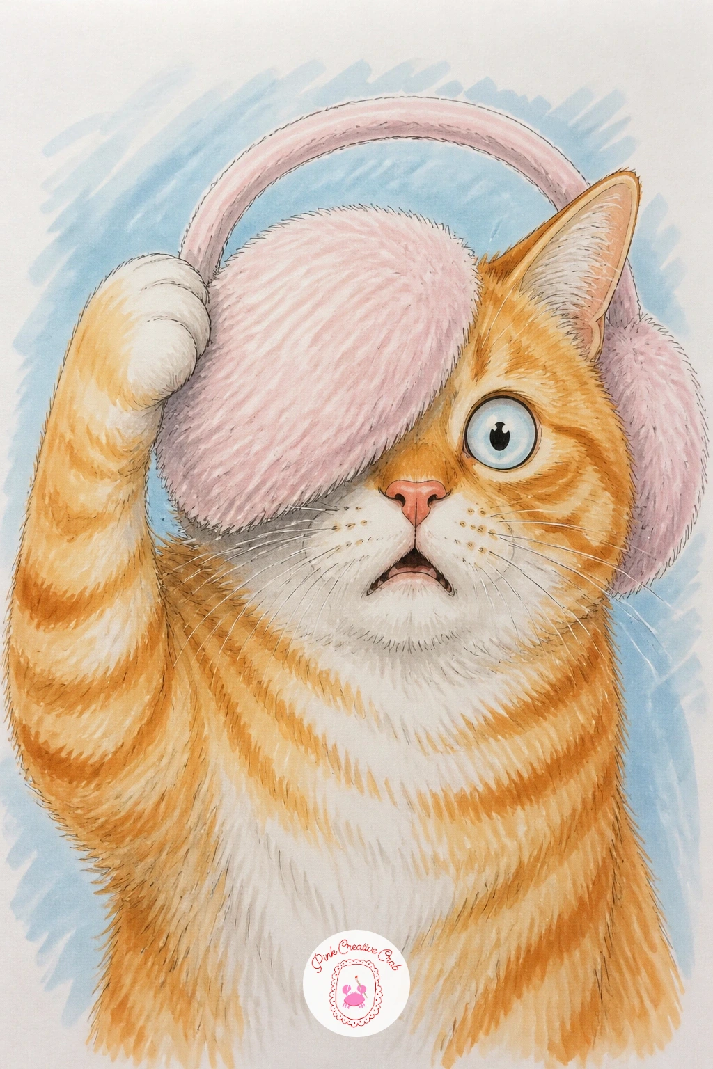 Cat With Face Stuck in Earmuffs — Close the list with a cat whose face is stuck inside a fuzzy earmuff, caught mid struggle. Silly cat drawing