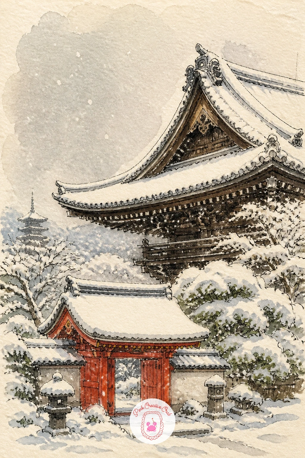 Snowy Kyoto Temple Roof With Red Gate — Start the whole sketchbook with a snowy Kyoto temple roof, since its shapes are simple and forgiving for a first page.