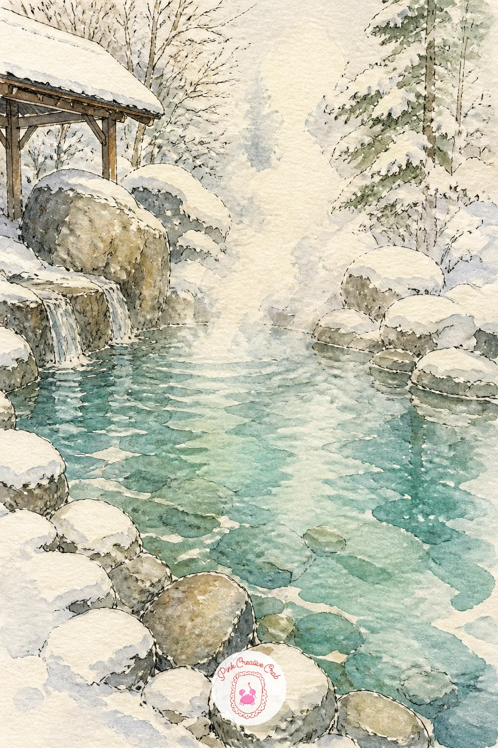 Steaming Outdoor Onsen Bath — Move from temple rooftops to something warmer: a steaming outdoor onsen bath tucked among snow covered rocks. Japan drawing