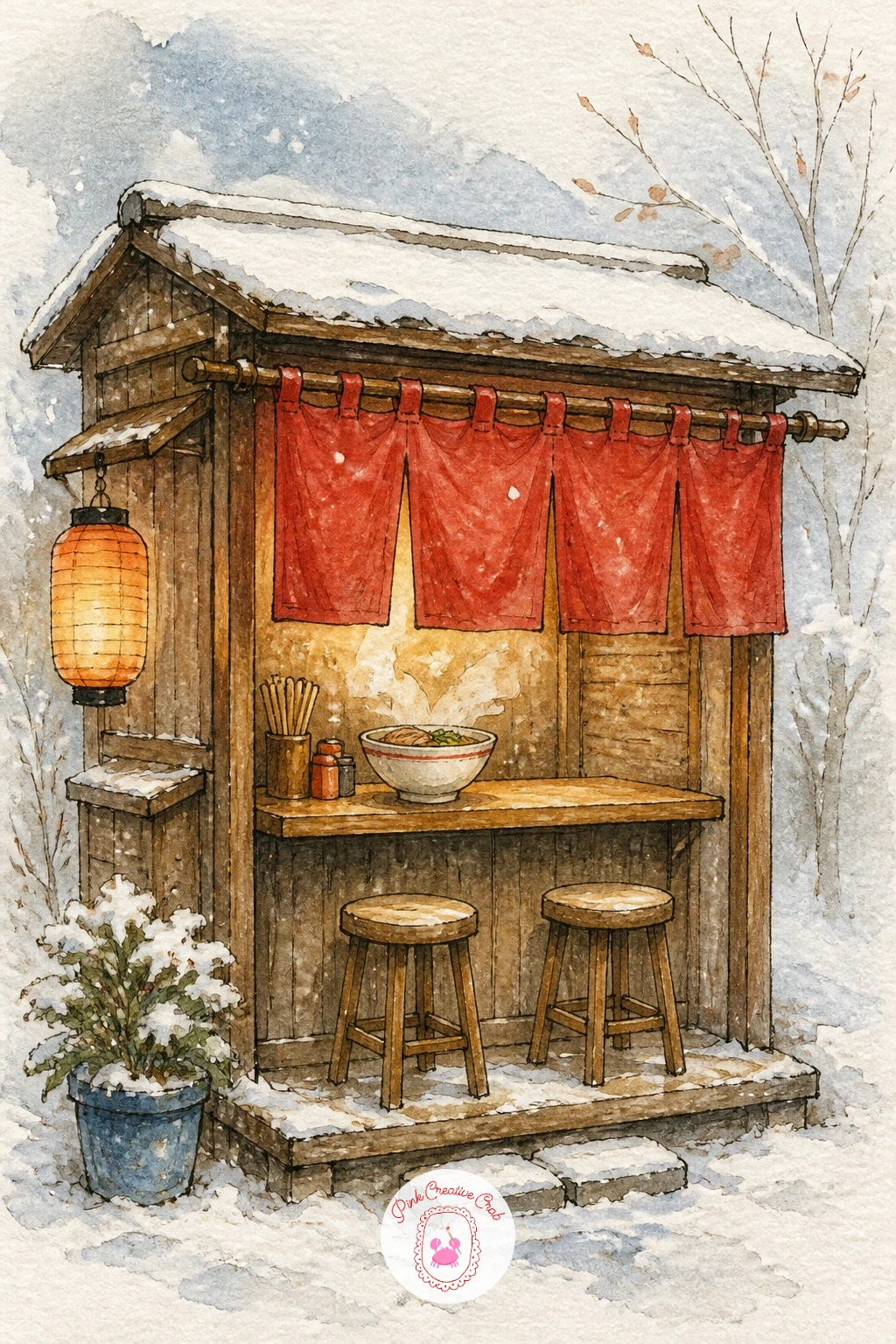 Tiny Ramen Stall With Red Curtain — Bring some street life onto the page with a tiny ramen stall, its red curtain hanging over a narrow doorway and steam