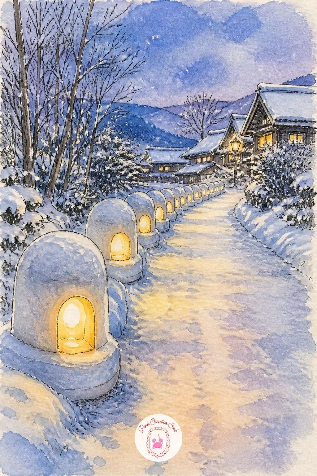 Snow Lanterns Lining a Hokkaido Path — Snow lanterns make a lovely next page, since they are really just a row of rounded white mounds with a soft glow inside