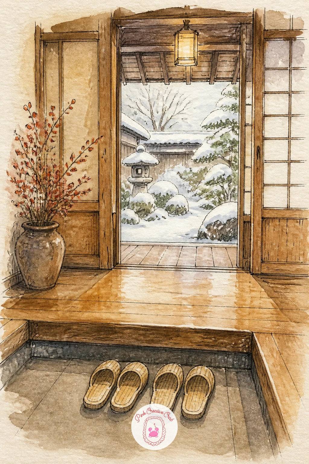 Wooden Ryokan Entrance With Slippers — A ryokan entrance gives you a quiet, close up scene: a low wooden step, a pair of slippers left waiting, and a small