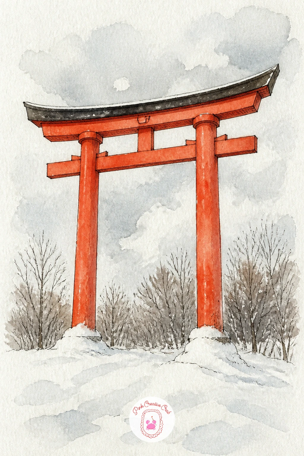 Vermilion Torii Gate in Deep Snow — The torii gate is one of the most recognizable images in Japan drawing, so give it a page of its own standing alone in deep