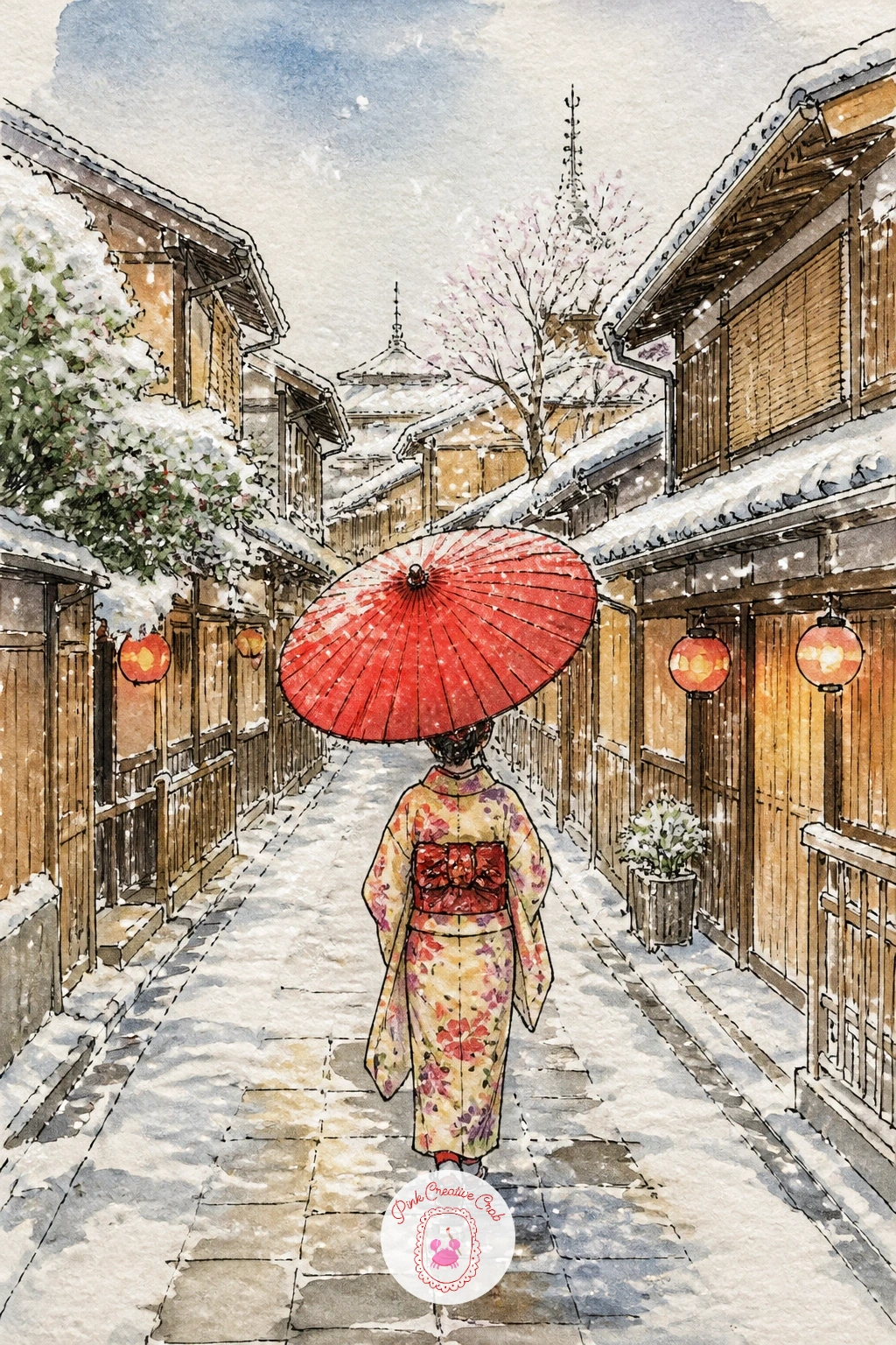 Woman With Paper Umbrella on Snowy Gion Lane — Add a figure to the sketchbook with a woman carrying a paper umbrella along a narrow Gion lane, snow settling on