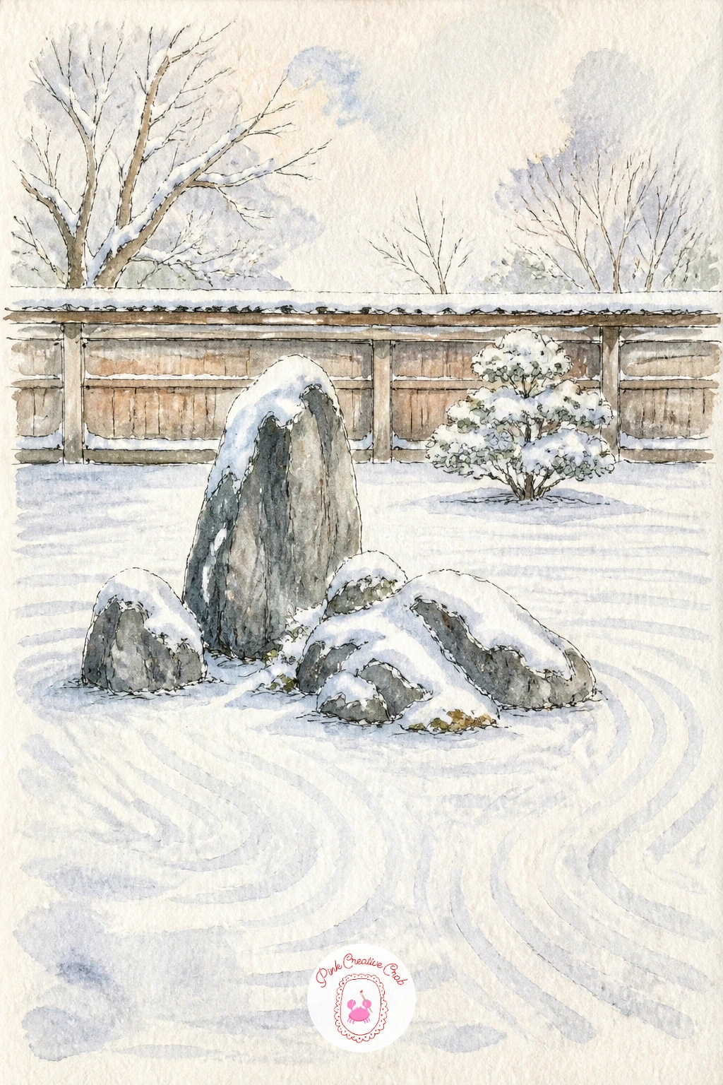 Zen Rock Garden With Raked Lines Under Snow — Shift from street scenes to something stiller with a zen rock garden, its raked gravel lines just visible beneath