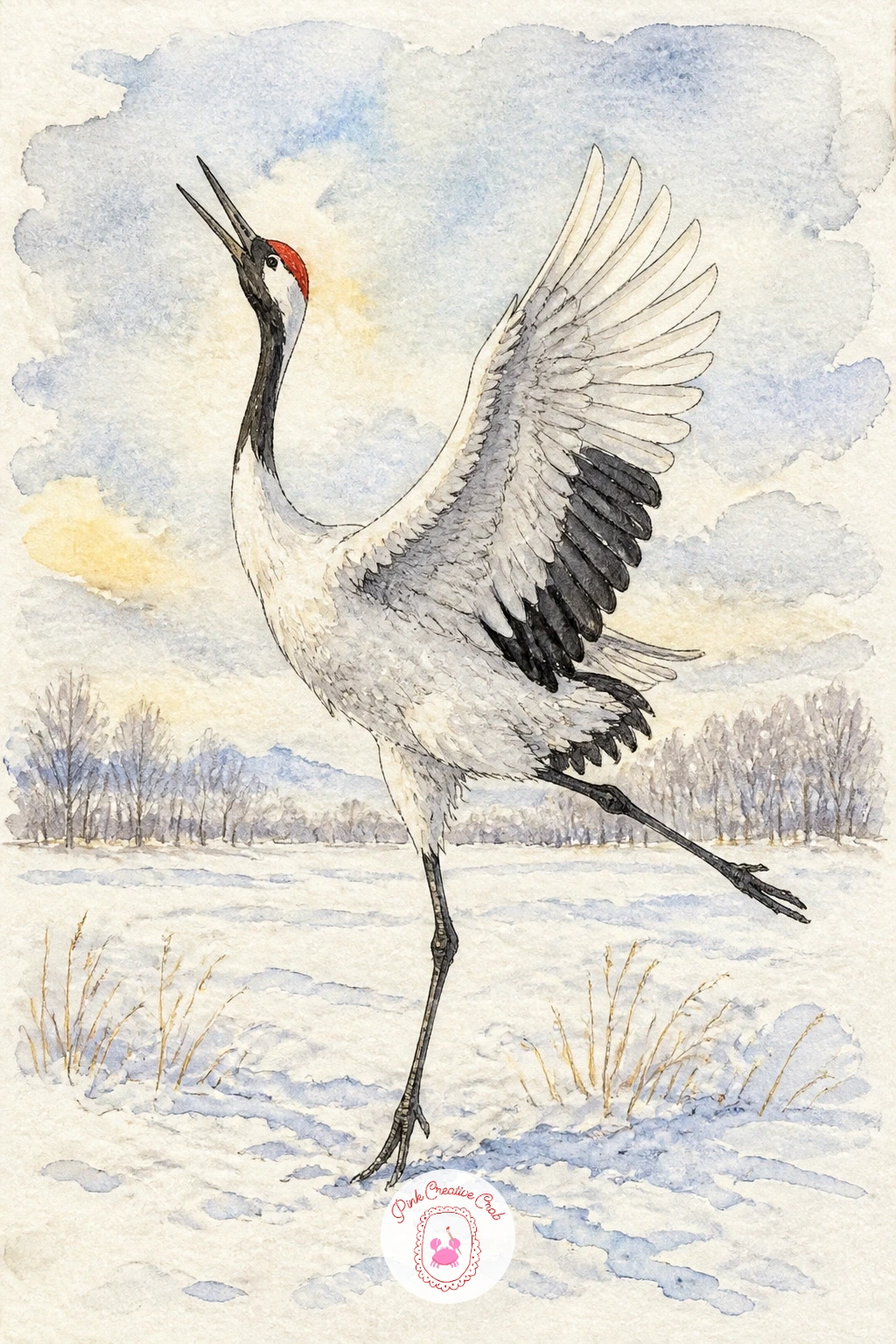 Red-Crowned Crane Dancing in Snowy Field — Bring in some wildlife with a red crowned crane caught mid dance across a snowy Hokkaido field, wings half lifted