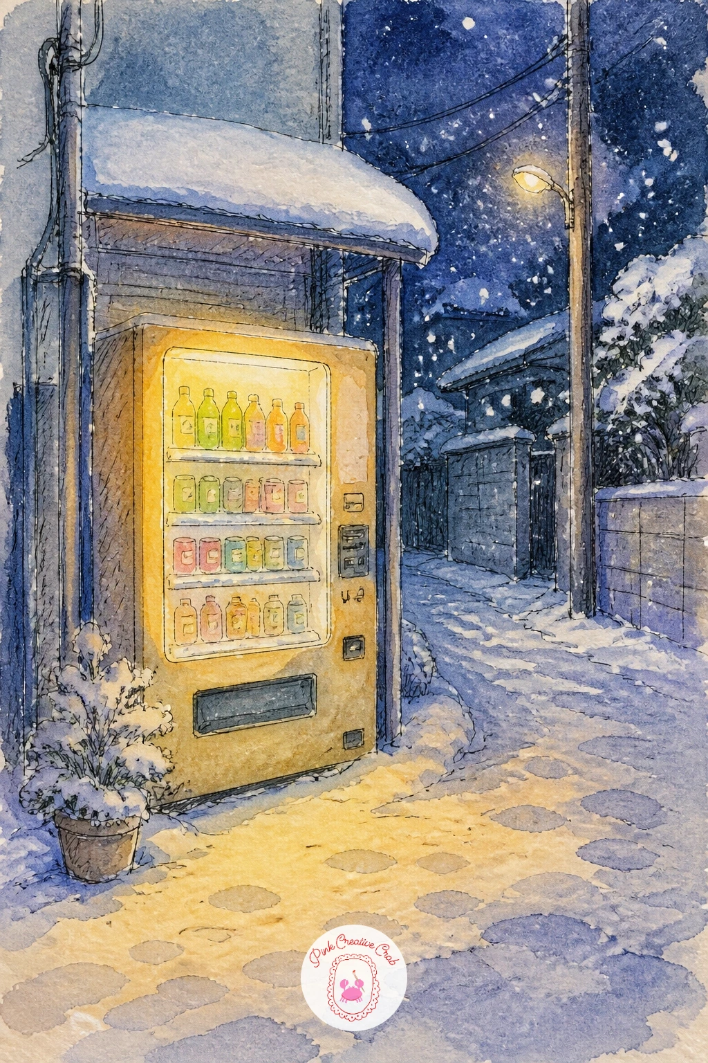 Glowing Vending Machine on Snowy Side Street — A vending machine glowing on an empty snowy side street is a wonderfully quiet, modern contrast to the temples