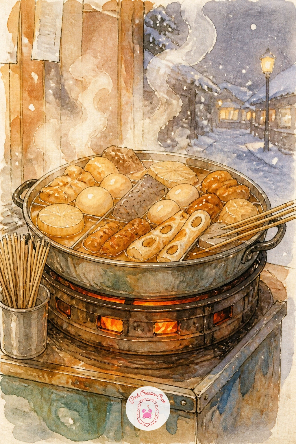 Steaming Oden Pot at a Street Stall — Keep the street food theme going with a steaming oden pot sitting on a small stall counter, skewers and simmering broth