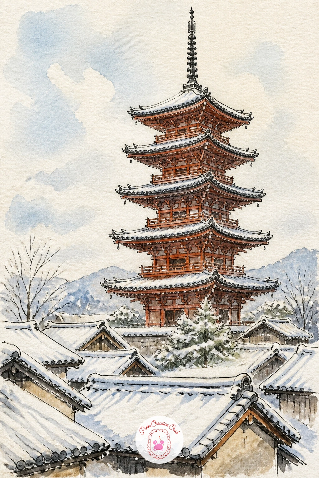 Five-Story Pagoda Above Snowy Rooftops — Give the sketchbook a skyline page with a five story pagoda rising above a cluster of snowy rooftops, its tiers