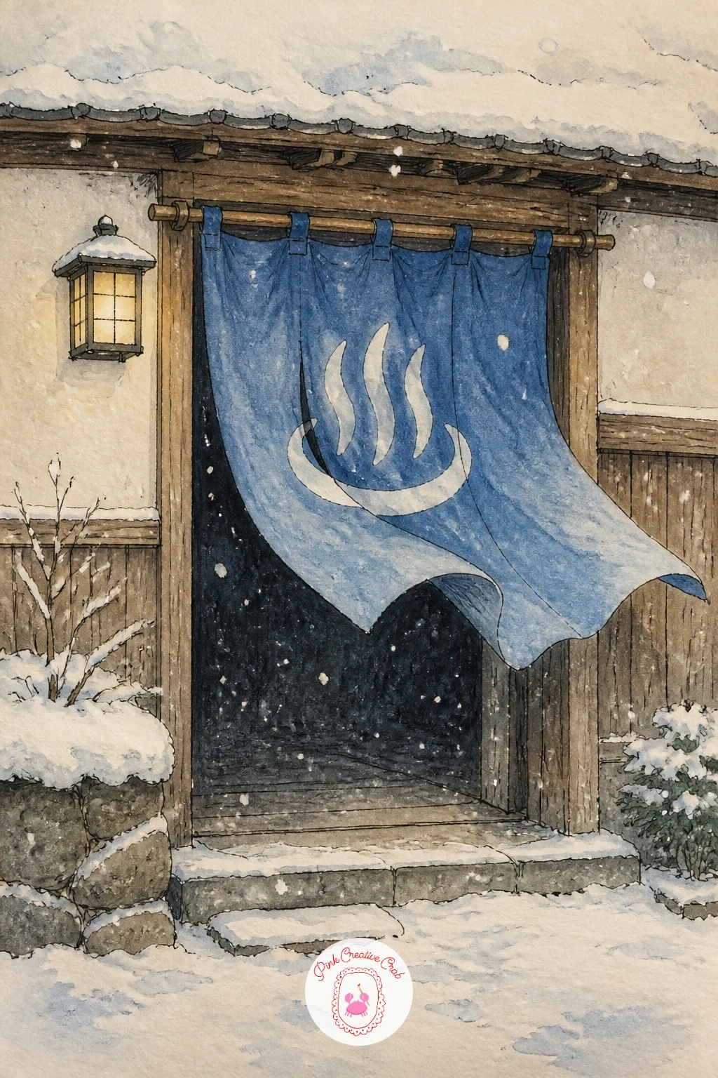 Bathhouse Curtain Flapping in a Snowy Doorway — A bathhouse curtain caught mid flap in a cold wind makes a small, lively scene after the stillness of the
