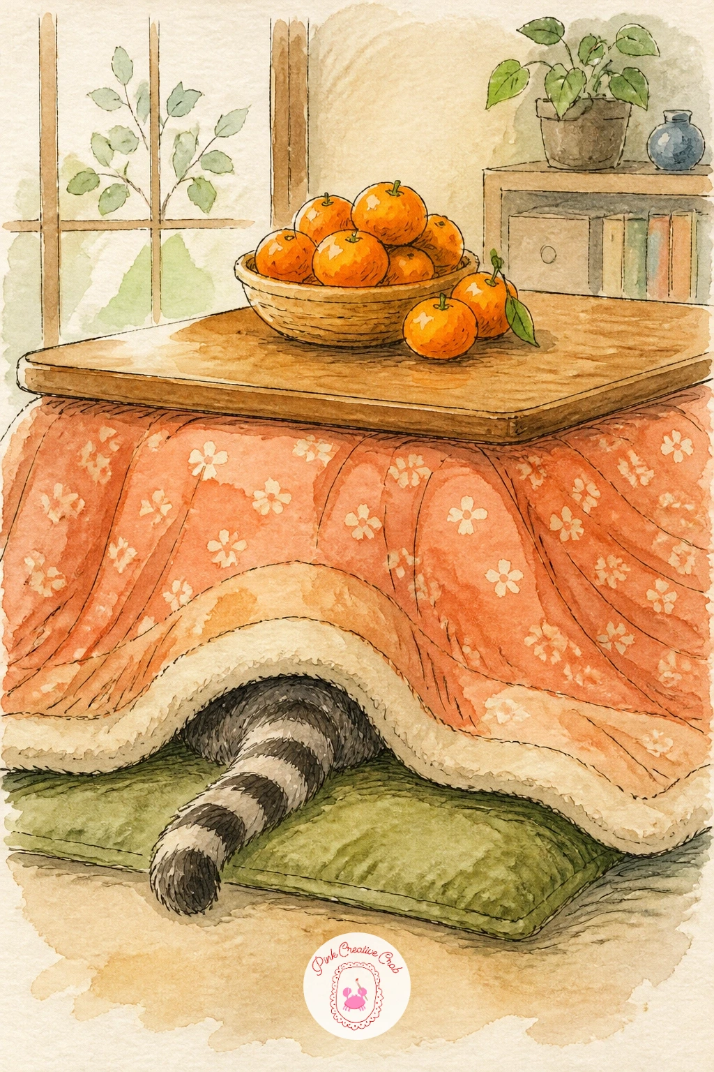 Kotatsu Table With Mandarins and a Cat — Come indoors for a warm, cozy page: a kotatsu table with a quilt draped over its sides, a small bowl of mandarins on