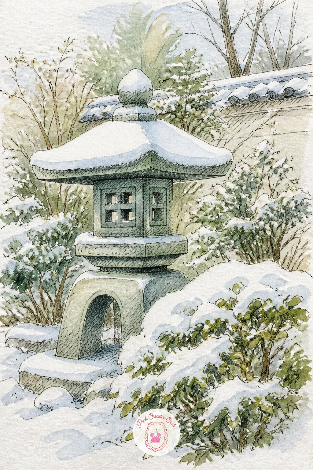 Snow-Capped Stone Lantern in a Temple Garden — Return to the temple grounds with a single stone lantern wearing a neat cap of snow, standing quietly among a