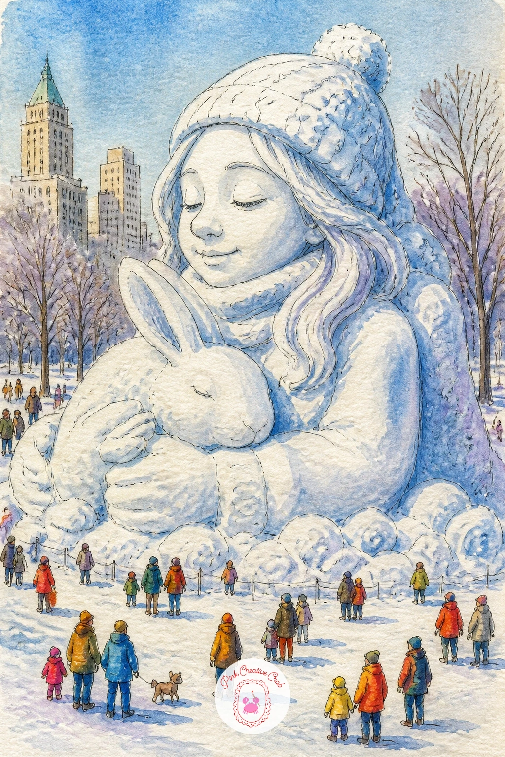 Giant Snow Sculptures With Tiny Visitors — Scale up for a lively page: giant snow sculptures filling a city park, with tiny visitors strolling between them to