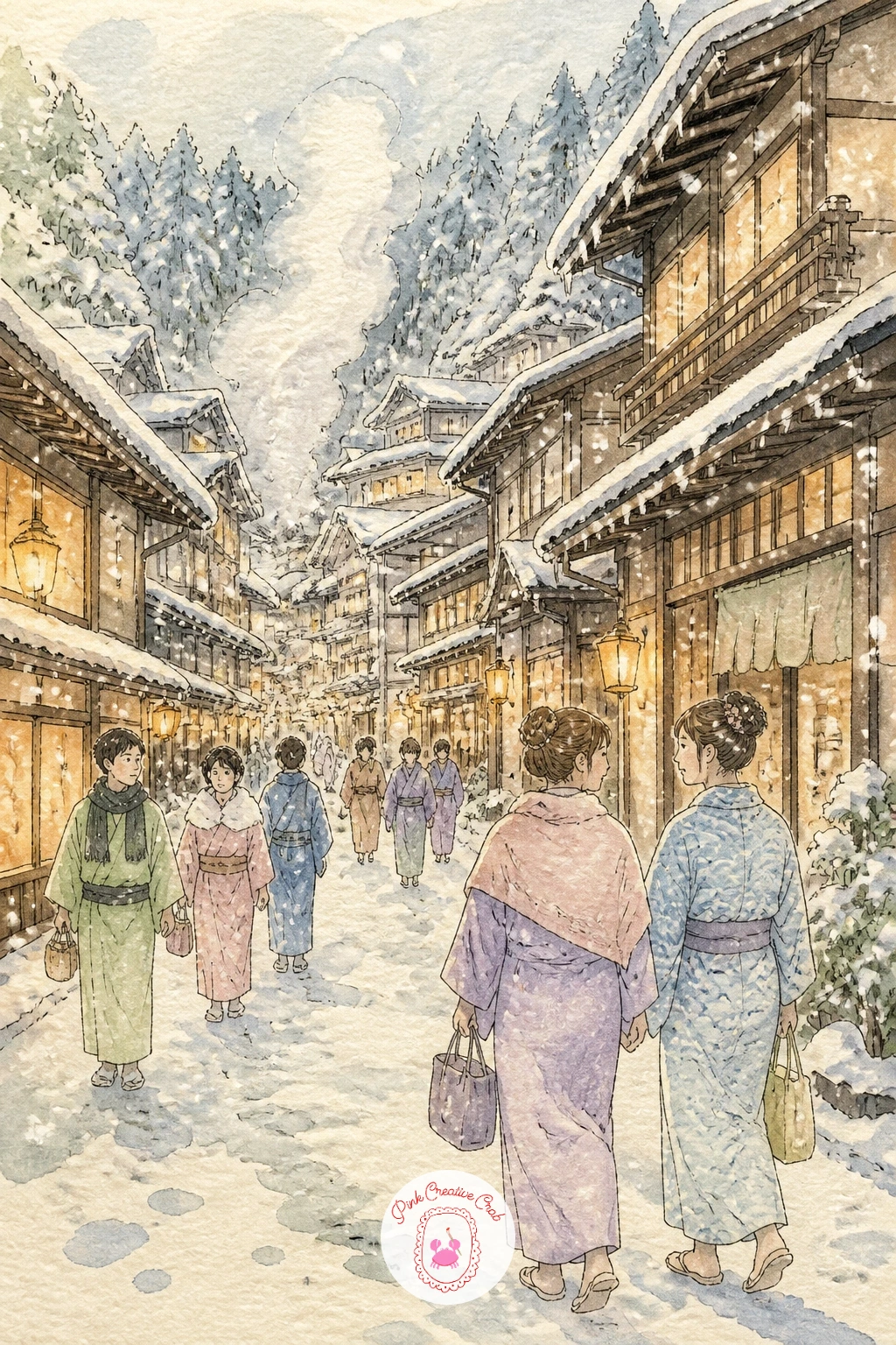 Hot Spring Town Street With Visitors in Robes — Widen out into a full hot spring town street, visitors wandering between wooden buildings in loose robes while
