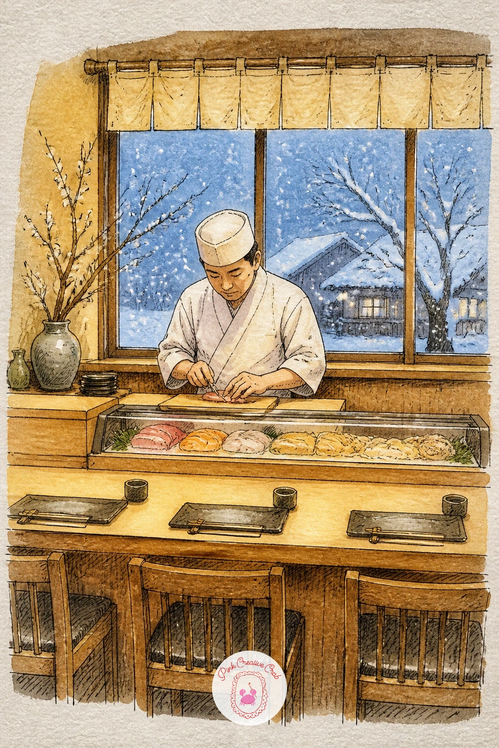 Sushi Counter With Chef and Snowy Window — Step inside for a sushi counter scene, a chef working quietly behind the bar while snow falls past the window just