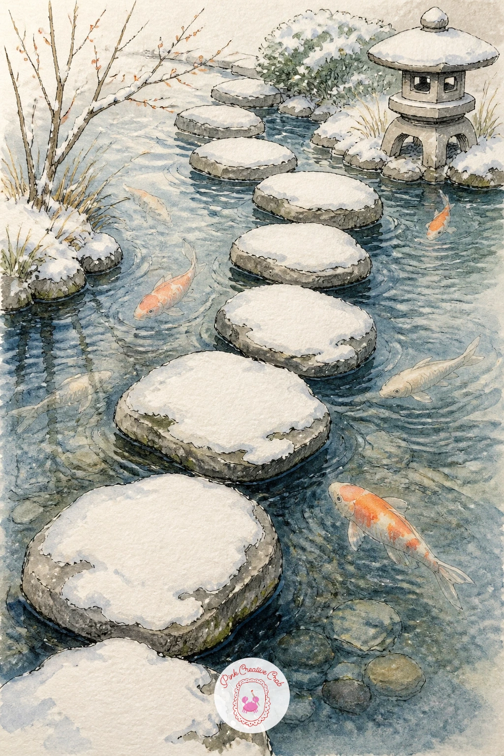 Koi Pond With Snow on Stepping Stones — After the warmth of the sushi counter, cool the page down with a koi pond, its stepping stones dusted with snow and a