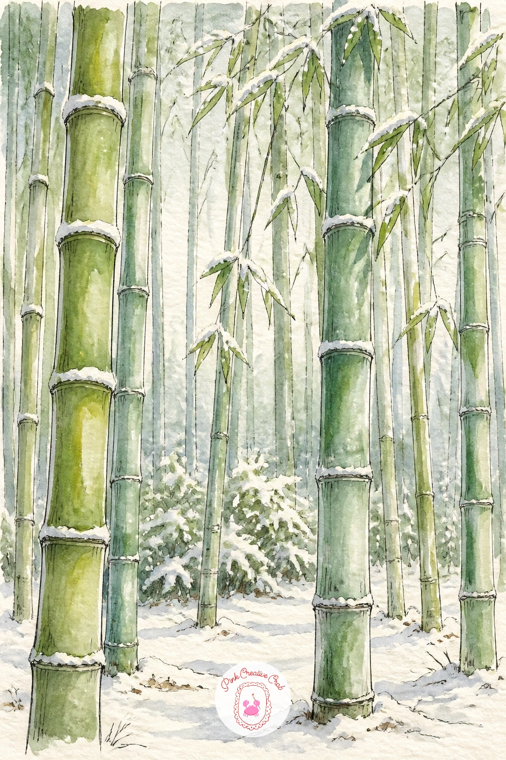 Snow-Dusted Bamboo Grove in Arashiyama — The bamboo grove is one of the quieter, more graphic pages in this sketchbook, built almost entirely from tall