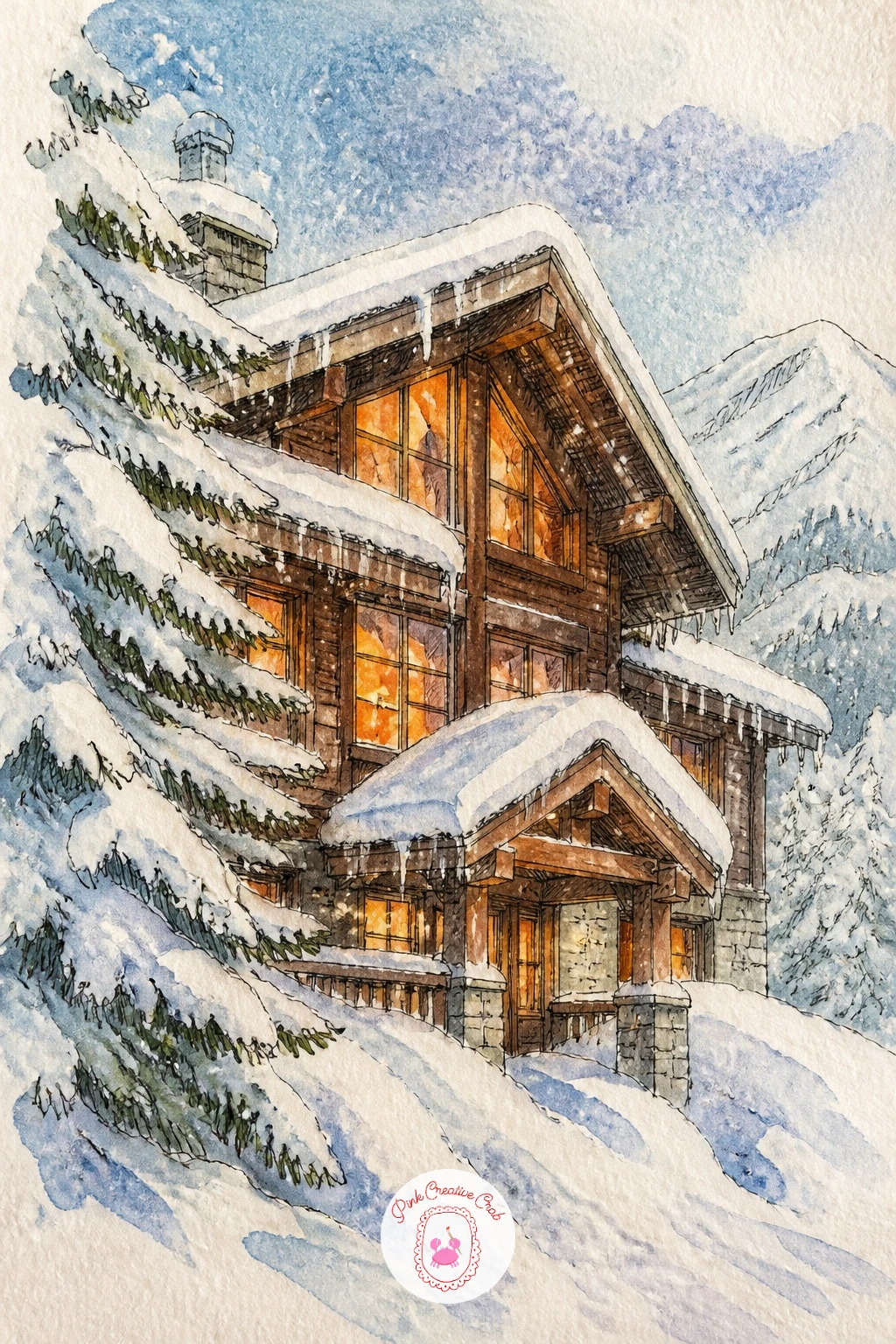Cozy Ski Lodge in Niseko Under Deep Snow — Warm the sketchbook back up with a cozy ski lodge, its windows glowing against deep powder snow piled high around