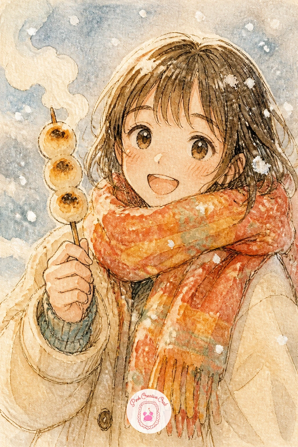 Girl Holding a Skewer of Grilled Mochi — Bring a small, cheerful figure onto the page: a girl in a thick scarf holding up a skewer of grilled mochi, steam