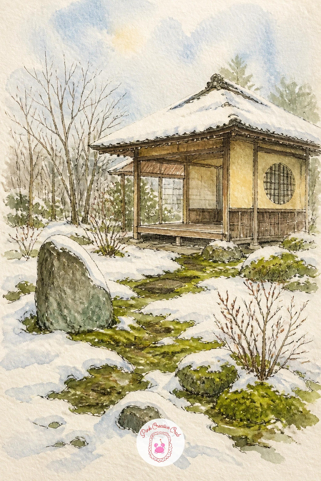 Tea House Beside a Snow-Covered Moss Garden — Settle into a calmer page with a small tea house sitting beside a moss garden now blanketed in fresh snow. Japan