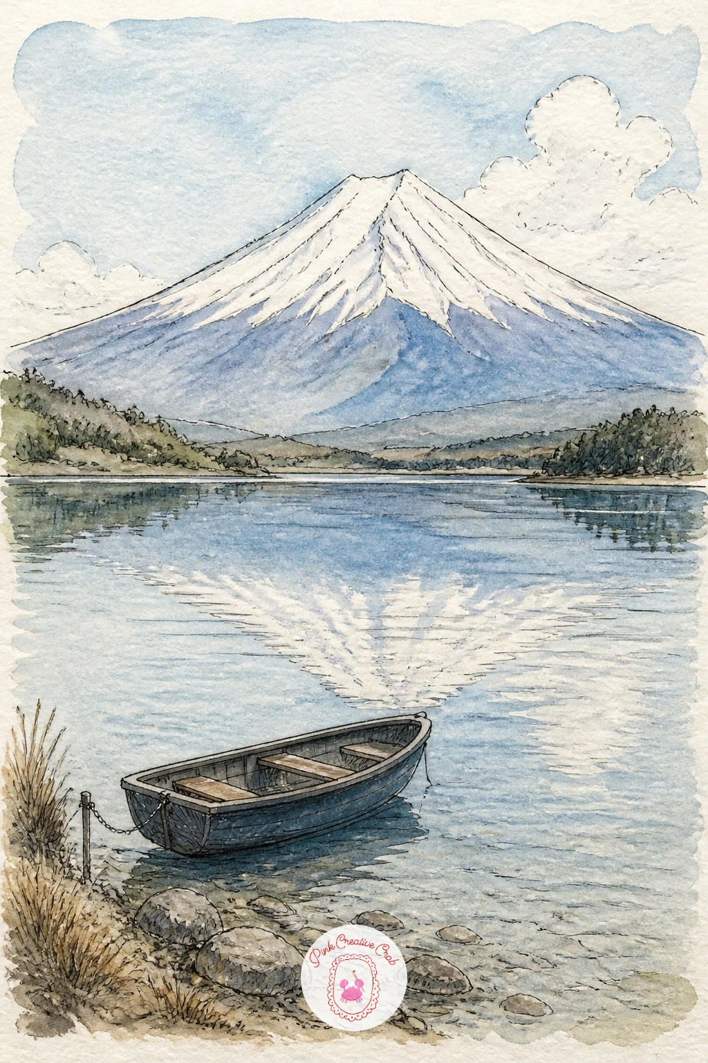 Snowy Mount Fuji Above a Lake With a Rowboat — Mount Fuji earns a wide, calm page of its own, its snowy peak reflected faintly in a still lake with a single
